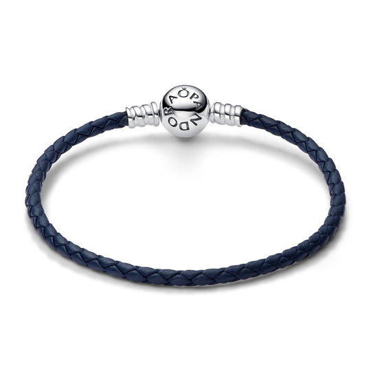 Pandora Moments Round Clasp Blue Braided Leather Bracelet|Bracelets - Alissar Flowers Amman