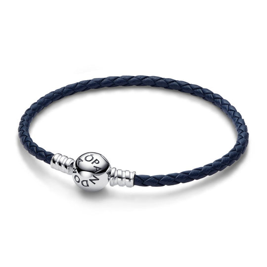 Pandora Moments Round Clasp Blue Braided Leather Bracelet|Bracelets - Alissar Flowers Amman